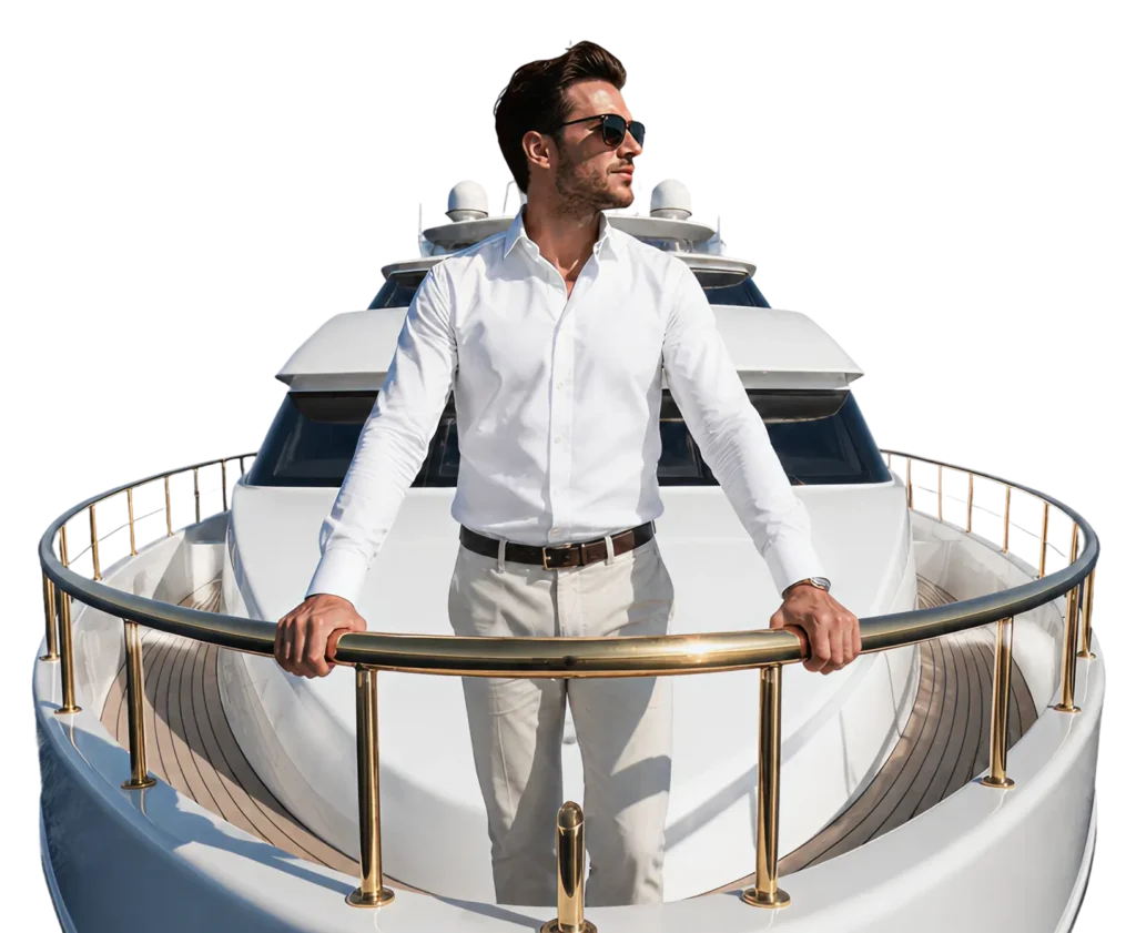 Man in wit overhemd op de boeg van een luxe jacht.