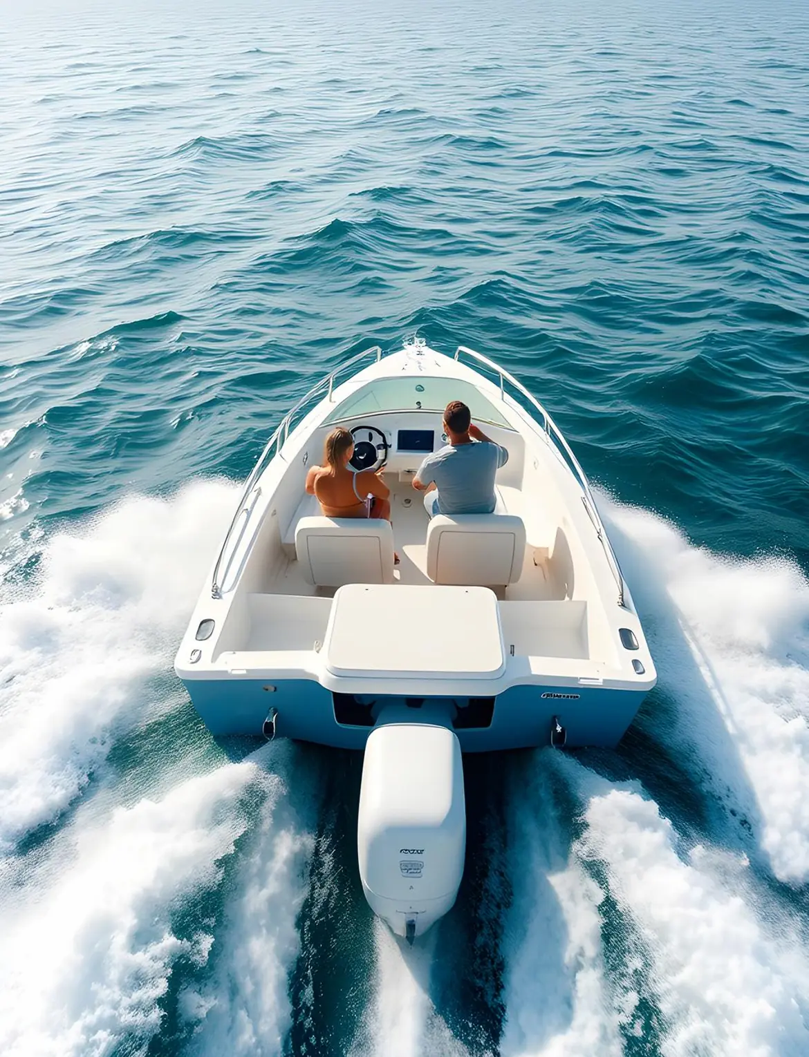 Twee mensen varen op een motorboot over een uitgestrekt, kalm wateroppervlak.
