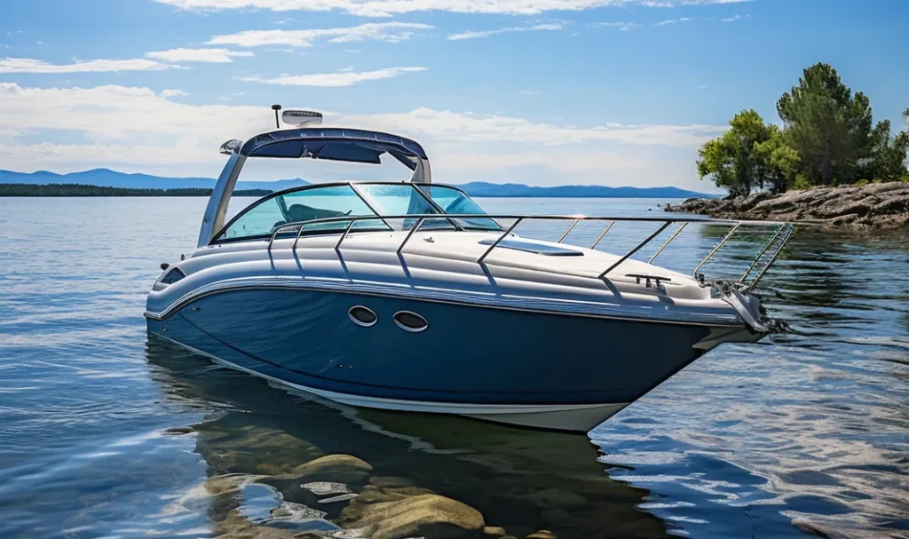 Een luxe motorboot drijft op een kalm meer met bomen en bergen in de achtergrond.