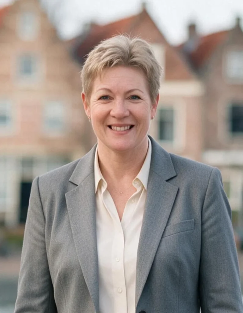 Een lachende persoon in een grijs pak voor een achtergrond met huizen.