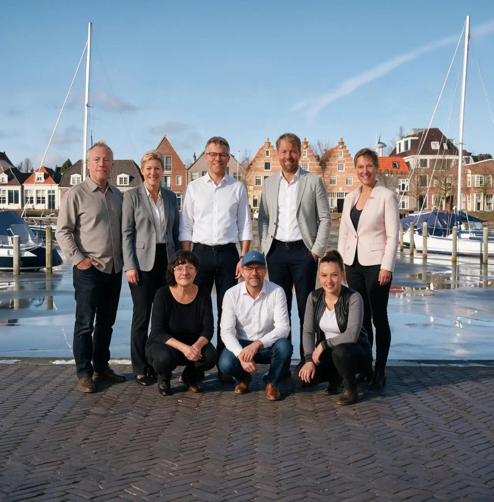 Het team van Suydersee poseert voor een haven met zeilboten en traditionele Nederlandse huizen op de achtergrond.
