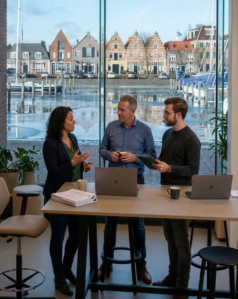 Drie mensen overleggen staand aan een tafel met laptops in een kantoor met uitzicht op een haven.